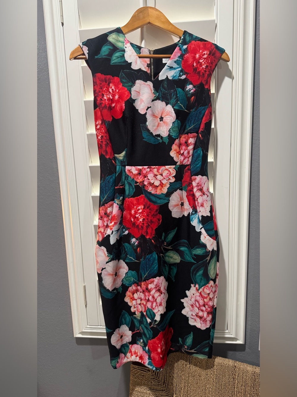 Calvin Klein Floral Sheath Dress in Black with Red & Pink Blooms